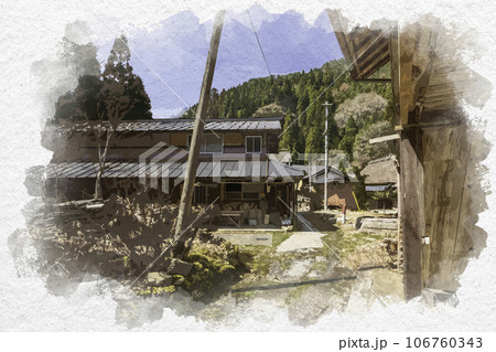 水彩画風　智頭宿　板井原集落　鳥取県八頭郡智頭町 106760343