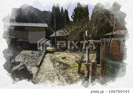 水彩画風　智頭宿　板井原集落　鳥取県八頭郡智頭町 106760345