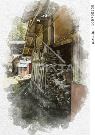 水彩画風　智頭宿　板井原集落　鳥取県八頭郡智頭町 106760359