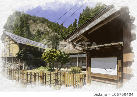 水彩画風　智頭宿　板井原集落　藤原家住宅　鳥取県八頭郡智頭町 106760404