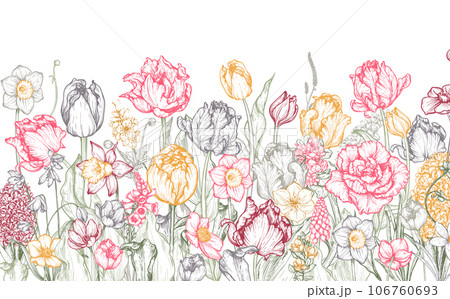 Vector background with beautiful spring flowers in sketch style. 106760693