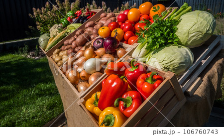 Wooden boxes with seasonal vegetables on a farmer's market counter 106760743