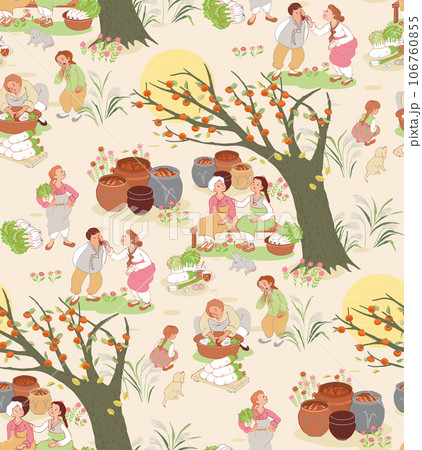 Seamless Vector Illustration of Kimchi-Making Day: Heartwarming Illustration of Families and Village Folk Coming Together to Make Kimchi 106760855