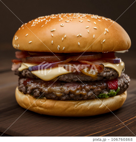 Classic cheeseburger with beef patty, cheese, tomato, onion, lettuce and ketchup mustard Fresh tasty burger on dark background Classic cheeseburger with beef patty, cheese, tomato, onion, lettuce and ketchup mustard Fresh tasty burger on dark background 106760868