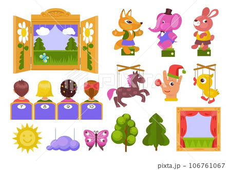 Puppet kids theater. Children watching show. Stage with curtains and decorations. Viewers audience. Marionette dolls. View from back. Entertainment theatre performance. Splendid vector set Puppet kids theater. Children watching show. Stage with curtains and decorations. Viewers audience. Marionette dolls. View from back. Entertainment theatre performance. Splendid vector set 106761067