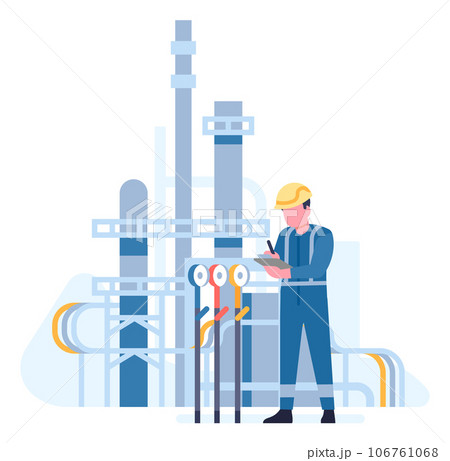 Oil petroleum industry. Worker checks gas or petrol pipeline equipment. Petrochemical factory production. Refinery plant. Fossil fuel extraction. Engineer in uniform. Vector concept 106761068