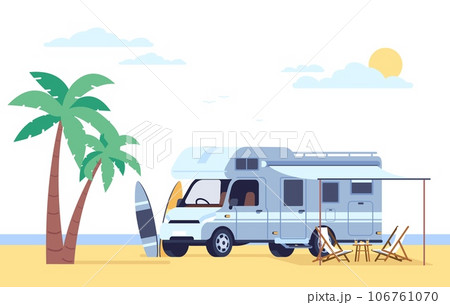 Motorhome stands on beach next to palms and surfboards. Caravan camper. Automobile camping van. Summer vacation. Car trailer. Driving voyage vehicle. Surfing and sunbathing. Vector concept Motorhome stands on beach next to palms and surfboards. Caravan camper. Automobile camping van. Summer vacation. Car trailer. Driving voyage vehicle. Surfing and sunbathing. Vector concept 106761070