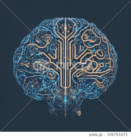 Machine learning and cyber mind domination concept in form of human brain and binary data flow on blue background. 106761071