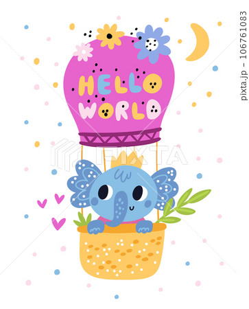 Childish elephants card. Baby shower. Hello world. Cartoon animal on air balloon. Adorable newborn mammal. Flowers and hearts. Toddlers birth celebration. Vector kids postcard design Childish elephants card. Baby shower. Hello world. Cartoon animal on air balloon. Adorable newborn mammal. Flowers and hearts. Toddlers birth celebration. Vector kids postcard design 106761083