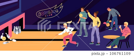 Cartoon people in bowling club. Friends playing with skittles. Men and women knocking down pins with ball on bowlers alleys. Players entertainment. Weekend leisure. Garish vector concept Cartoon people in bowling club. Friends playing with skittles. Men and women knocking down pins with ball on bowlers alleys. Players entertainment. Weekend leisure. Garish vector concept 106761109