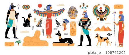 Ancient Egypt elements. Historical and cultural symbols. Religious buildings. Statues and murals. Mysterious civilization. Manuscript hieroglyphs. Gods mythology. Garish vector set 106761203