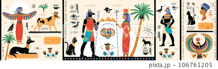 Ancient Egypt horizontal papyrus. Pyramids mural. Pharaohs history. Gods mythology. Lost civilization. Sacred cat or scarab. Old hieroglyphs. Egyptian elements. Garish vector poster 106761205