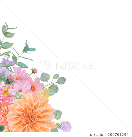Watercolor botanical colourful frame of summer and autumn flowers: dahlia, zinnia, lathyrus, gillyflower, nasturtium, eucalyptus. Good for wedding print products, paper, invitations, greetings, fabric 106761244