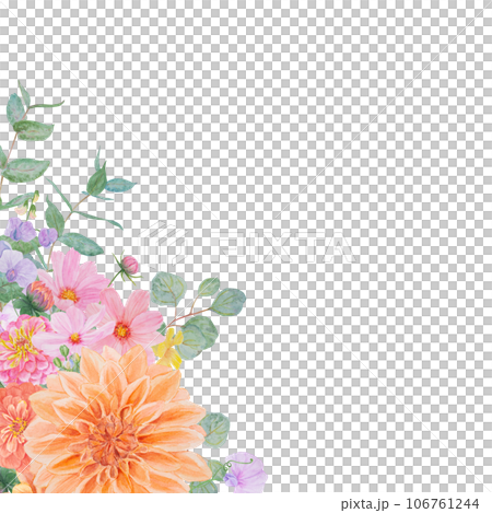 Watercolor botanical colourful frame of summer and autumn flowers: dahlia, zinnia, lathyrus, gillyflower, nasturtium, eucalyptus. Good for wedding print products, paper, invitations, greetings, fabric 106761244