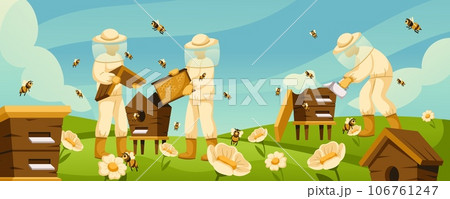 Cartoon beekeepers at apiary. Honey bees flying around beehives in flower field, blooming wildflowers and apiary workers. Rural beekeeping life vector illustration Cartoon beekeepers at apiary. Honey bees flying around beehives in flower field, blooming wildflowers and apiary workers. Rural beekeeping life vector illustration 106761247