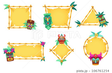 Cartoon tiki totem banner frames. Bamboo tribal borders, Hawaiian menu design backgrounds with totemic face mask sculptures vector set 106761254