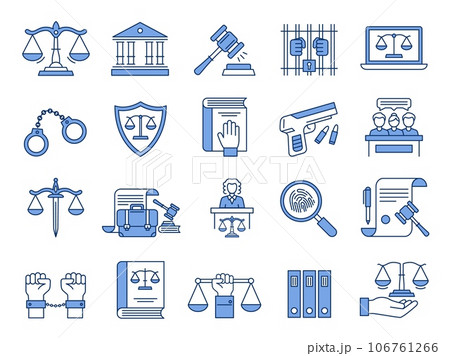 Law icons. Scales of justice, court and lawyers symbols. Judges gavel, legal documents and jail linear vector illustration set Law icons. Scales of justice, court and lawyers symbols. Judges gavel, legal documents and jail linear vector illustration set 106761266