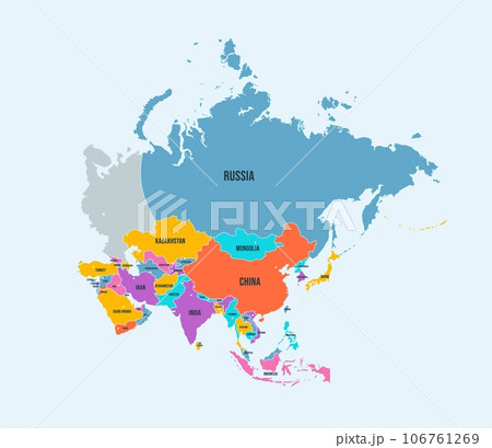 Asia continent political map. Tapestry of Asia with country borders and names isolated vector infographic illustration Asia continent political map. Tapestry of Asia with country borders and names isolated vector infographic illustration 106761269
