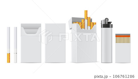 Cigarette product mockup. Realistic cigarettes, white lighter, pack of matches and cigarette box package isolated vector template set 106761286