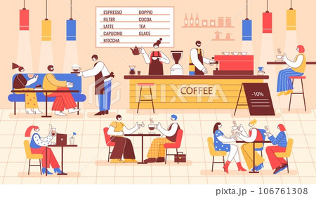 Coffee shop with visitors. Colorful cafe interior with group of people enjoying coffee. Barista makes drinks for coffee house guests vector illustration 106761308