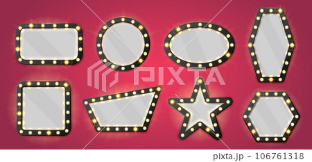 Makeup mirror frame. Lamp illuminated backstage mirrors, retro frames with light bulbs for glamour fashion dressing room. Vector illustration set Makeup mirror frame. Lamp illuminated backstage mirrors, retro frames with light bulbs for glamour fashion dressing room. Vector illustration set 106761318