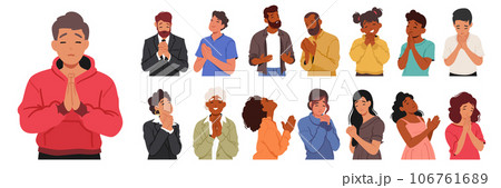 Male And Female Characters Bow With Closed Eyes And Folded Hands, Expressing Reverence Vector Illustration 106761689