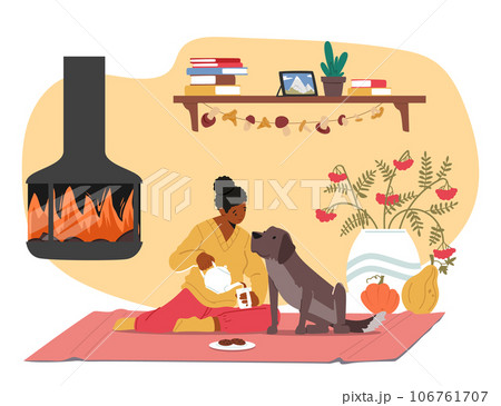 Woman Character Savors Tea By The Fireplace, Accompanied By Her Dog. Embracing The Cozy Autumn Ambiance Woman Character Savors Tea By The Fireplace, Accompanied By Her Dog. Embracing The Cozy Autumn Ambiance 106761707