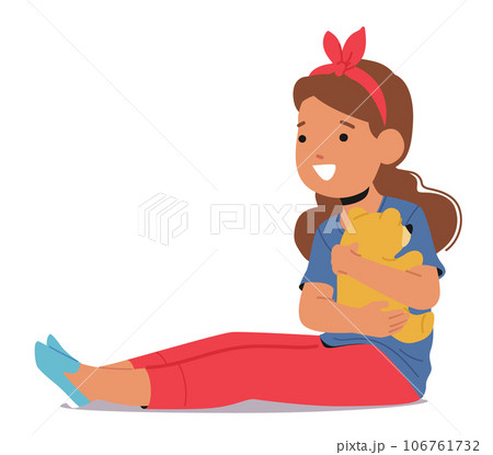 Sweet Little Girl Character Sitting On The Floor, Holding A Teddy Bear In Her Hands With A Beaming Smile On Her Face Sweet Little Girl Character Sitting On The Floor, Holding A Teddy Bear In Her Hands With A Beaming Smile On Her Face 106761732