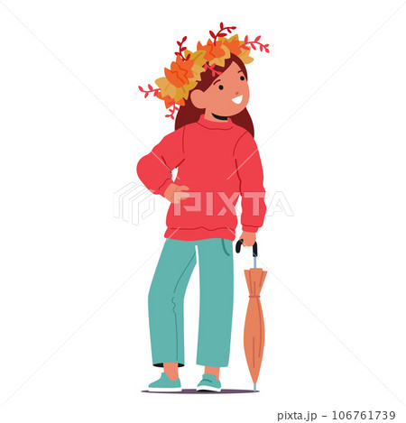 Little Girl Wearing A Wreath Of Colorful Autumn Leaves, Standing Gracefully With A Folded Umbrella, Vector Illustration 106761739