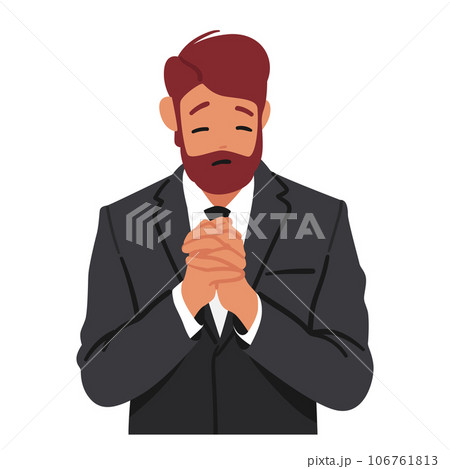 Adult Male Character Praying. Mature Man, Eyes Closed, Palms Pressed Together In Prayer, Exuding A Sense Of Devotion 106761813