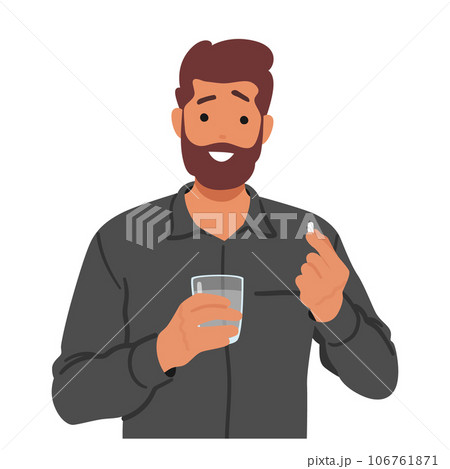 Adult Male Character Clasps A Pill And A Water Glass, Poised For Consumption. A Moment Of Decision, Health In Balance 106761871