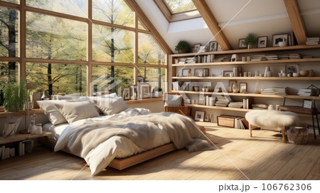 Interior of minimalist scandi style bedroom in luxury villa. White wall, simple wooden bed and elements of furniture, wall shelves, panoramic windows with forest view. Ecodesign. 3D rendering. 106762306