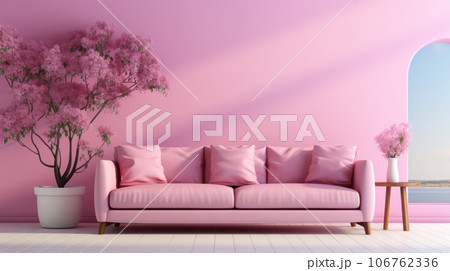 Stylish minimalist monochrome interior of modern cozy living room in pastel pink and purple tones. Trendy couch, coffee table, decorative plant in a vase. Creative home design. Mockup, 3D rendering. Stylish minimalist monochrome interior of modern cozy living room in pastel pink and purple tones. Trendy couch, coffee table, decorative plant in a vase. Creative home design. Mockup, 3D rendering. 106762336