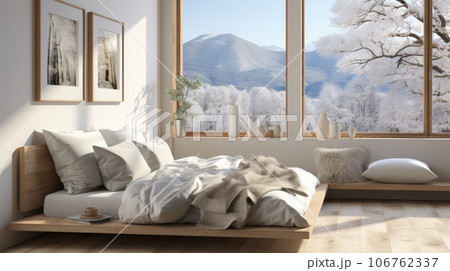 Interior of minimalist scandi style bedroom in luxury villa. White walls, simple wooden bed and elements of furniture, posters, panoramic windows with scenic landscape. Ecodesign. 3D rendering. 106762337