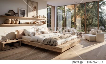Interior of minimalist scandi bedroom in luxury villa. Simple wooden bed and elements of furniture, wall shelves, chillout area, panoramic windows with park view. Ecodesign. 3D rendering. Interior of minimalist scandi bedroom in luxury villa. Simple wooden bed and elements of furniture, wall shelves, chillout area, panoramic windows with park view. Ecodesign. 3D rendering. 106762364
