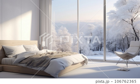 Interior of white minimalist scandi bedroom in luxury villa or hotel. Large comfortable bed, armchair, panoramic window with scenic winter landscape view. Ecodesign. Mockup, 3D rendering. 106762365