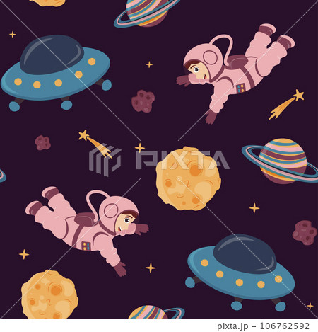 Seamless pattern of open space with cute astronaut, moon, shooting stars, spaceships, planets with rings in cartoon style. Space travel. Cosmic children's background. Vector illustration. 106762592