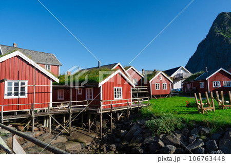 Norway. Fishermans red rorbu cottage in the Lofoten Islands. Typical Fishermans house. Norway. Fishermans red rorbu cottage in the Lofoten Islands. Typical Fishermans house. 106763448