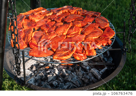 Cooking tasty meat slices at bbq grill backyard Grilling tenderloin on charcoal. steaks on the grill 106763476