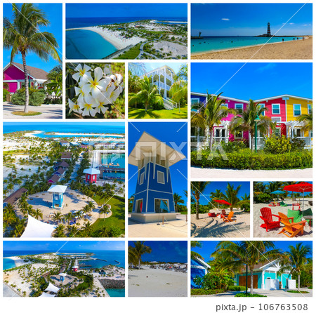 Beach on Ocean Cay Bahamas Island with a colorful houses and turquoise water 106763508