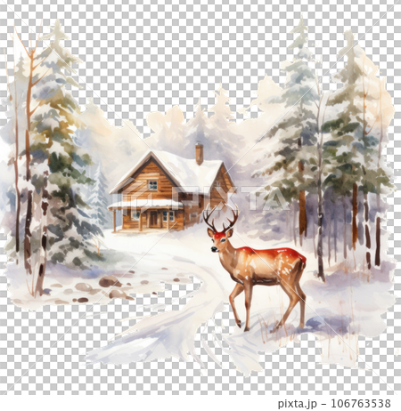 Watercolor winter background with deer 106763538