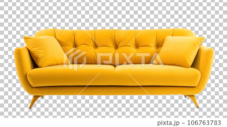 Modern yellow leather sofa with pillows isolated 106763783