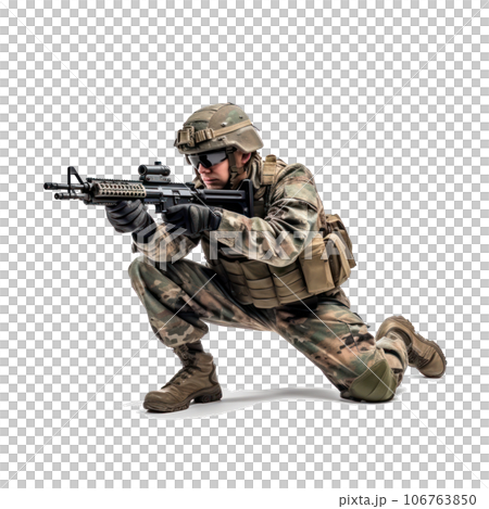 Military soldier kneeling aiming a gun isolated 106763850