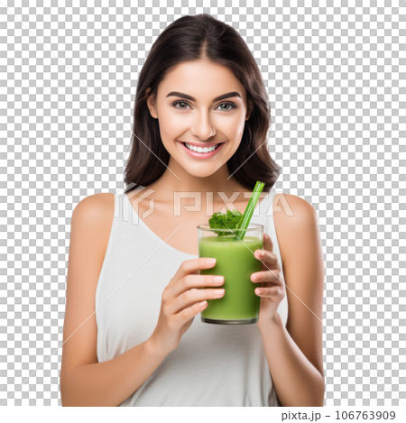 Woman with glass of smoothie in her hand 106763909