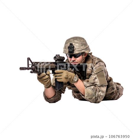 Military soldier kneeling aiming a gun isolated Military soldier kneeling aiming a gun isolated 106763950