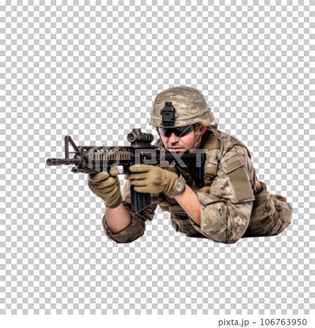 Military soldier kneeling aiming a gun isolated Military soldier kneeling aiming a gun isolated 106763950