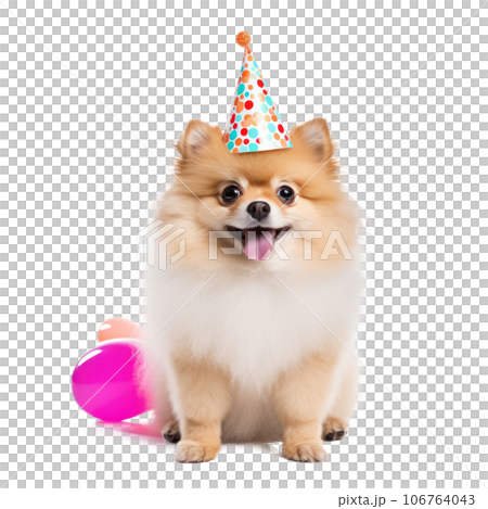 Fluffy dog with birthday cap isolated Fluffy dog with birthday cap isolated 106764043