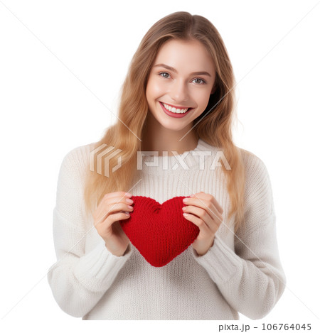 Happy young woman wigth knitted heart in hands Happy young woman wigth knitted heart in hands 106764045