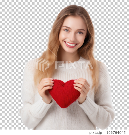 Happy young woman wigth knitted heart in hands Happy young woman wigth knitted heart in hands 106764045
