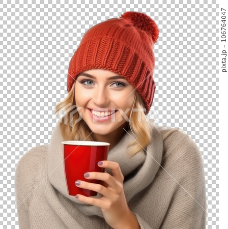 Happy woman in knitted hat with cup of hot tea 106764047